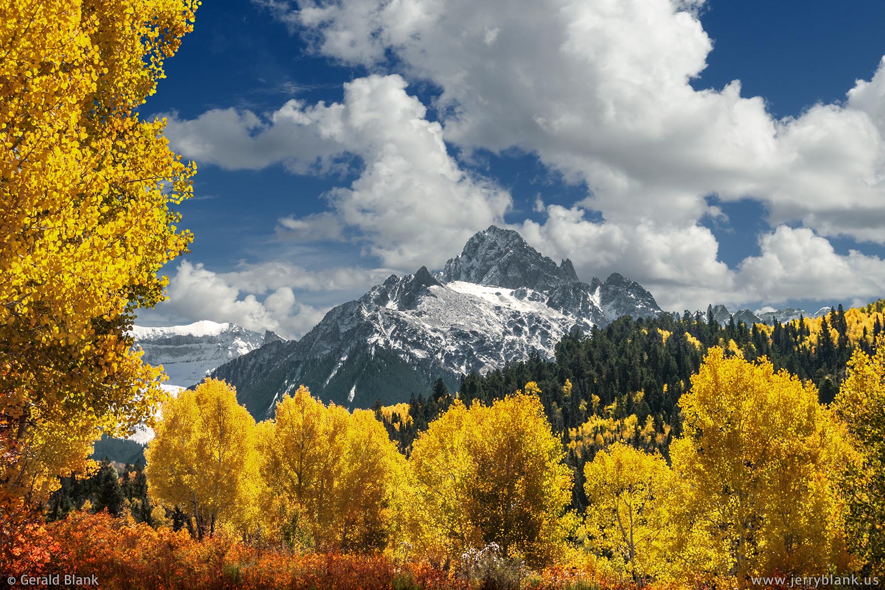 #06814 - Autumn foliage along Ouray County Road 7 frames Mount Sneffels, the highest peak in the Sneffels Range of Colorado’s San Juan Mountains - photo by Jerry Blank