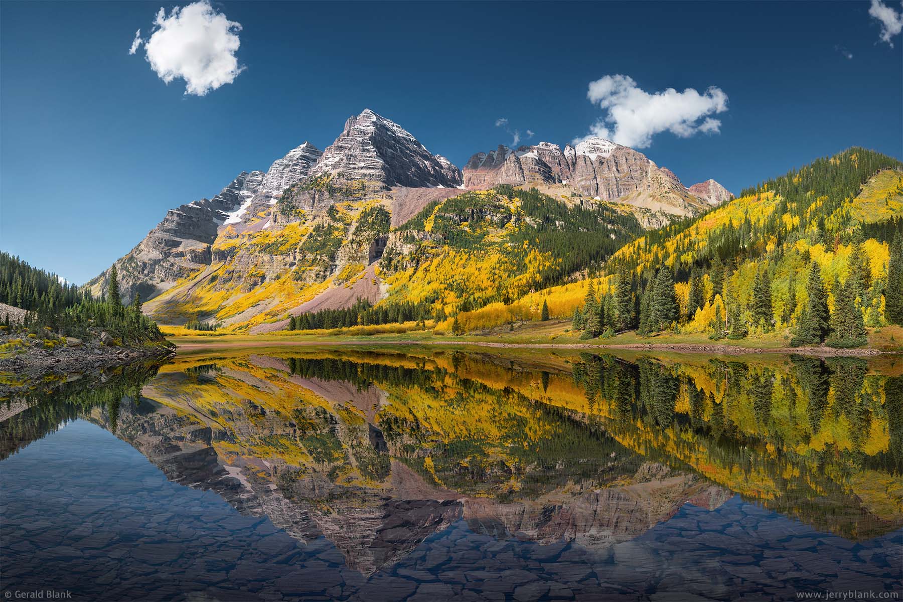 #41199 - Maroon Peak, flanked by autumn color, is reflected in the waters of Crater Lake, in Colorado’s Maroon-Snowmass Wilderness Area - photo by Jerry Blank