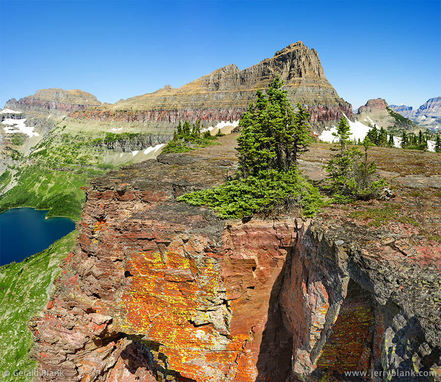 #68357 - A high ridge north of Reynolds Mountain in Glacier National Park, Montana offers an excellent view northward to Mt. Cannon, Clements Mtn., Mt. Oberlin, and Hidden Lake. Brightly-colored lichens cover the south-facing rock formations. Photo by Jerry Blank.