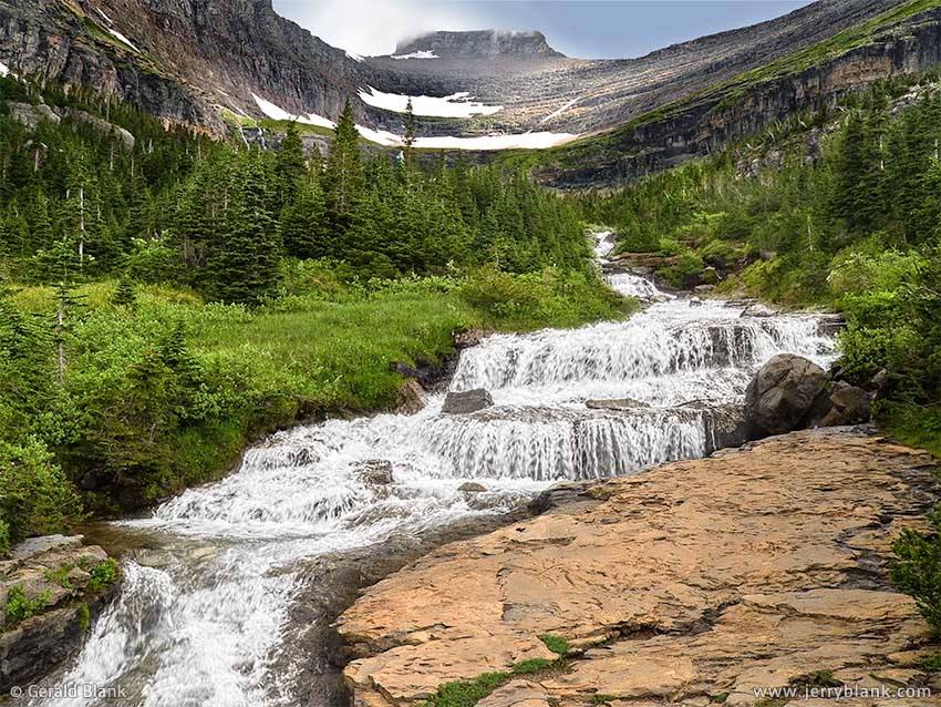 #00026 - Lunch Creek cascade and Pollock Mountain, Glacier National Park, Montana - photo by Jerry Blank