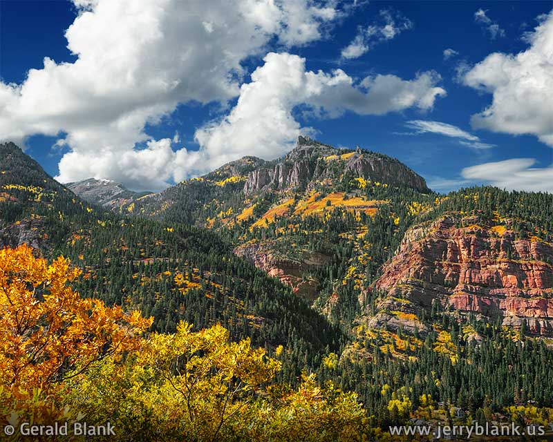 #06683 - A colorful autumn view looking southeast over Ouray, Colorado, toward Twin Peaks - photo by Jerry Blank