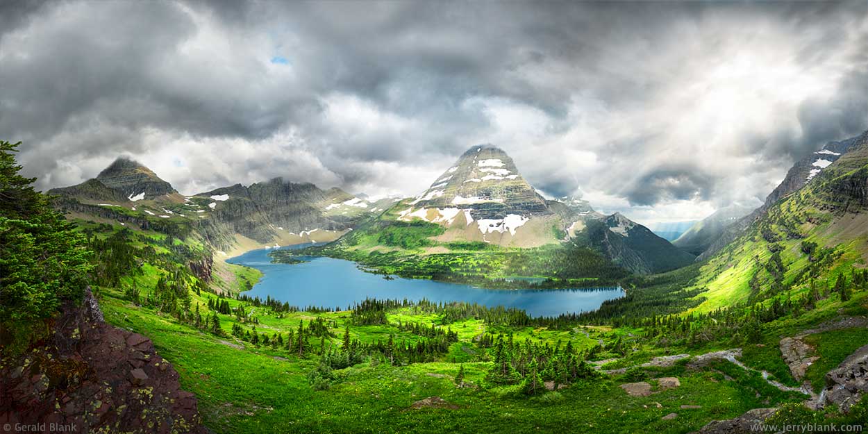 #24848 - A panoramic view of Hidden Lake and Bearhat Mountain, in Glacier National Park, Montana, captured as afternoon clouds begin to envelop Bearhat Mountain and the ridge of the Continental Divide - photo by Jerry Blank