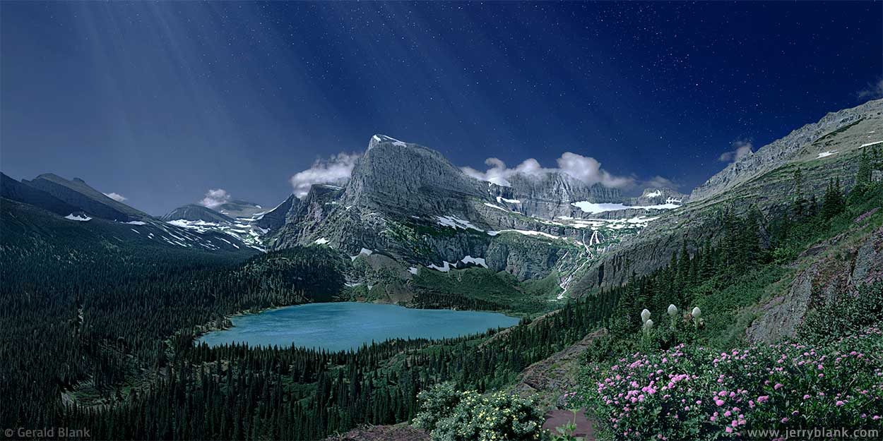 #25019 - A moonlit view looking south toward the Cataract Creek and Grinnell Glacier valleys in Glacier National Park, Montana. Angel Wing and Grinnell Lake are in the center of the photo - photo by Jerry Blank